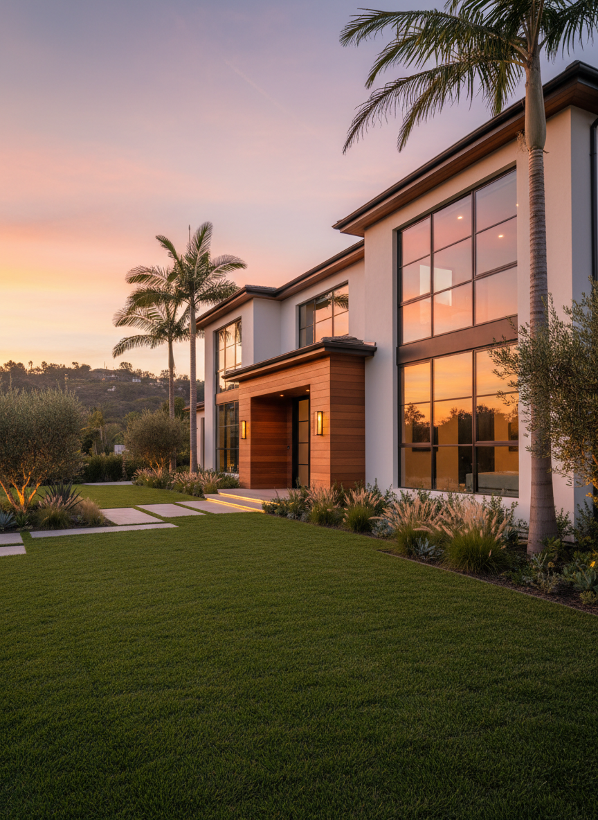 A luxurious Los Angeles County home exterior at golden hour, captured in photographic realism. The subject is a modern two-story house with clean white stucco, dark metal-framed windows, and warm cedar accent panels, set behind a manicured front lawn with drought-tolerant landscaping and subtle accent lighting along the walkway. Palm trees and a distant hillside hint at the Southern California location. The sky glows in soft oranges and pinks, casting a flattering warm light that creates delicate reflections on the windows. Shot from a slightly low, three-quarter angle with a wide lens, the entire façade feels grand yet attainable. The mood is polished, aspirational, and professional, ideal for showcasing a listing with strong curb appeal.