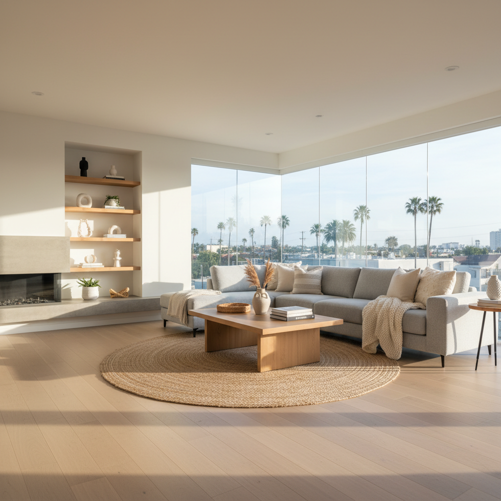 A bright, meticulously staged living room in a contemporary Los Angeles County home, photographed in crisp photographic realism. The main focus is a spacious open-concept seating area with a light gray sectional sofa, textured ivory throw pillows, and a natural oak coffee table with a smooth matte finish. Floor-to-ceiling windows reveal a hint of palm trees and city rooftops outside. Soft afternoon sunlight floods the room, creating gentle shadows on the wide-plank hardwood floors. The composition is shot at eye level with a wide-angle lens, capturing the full breadth of the space with sharp focus throughout. The mood is professional yet warmly inviting, emphasizing a move-in-ready home ideal for serious buyers and sellers.