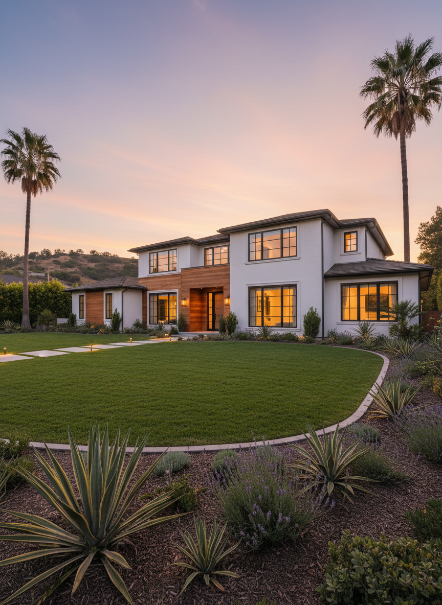 A luxurious Los Angeles County home exterior at golden hour, captured in photographic realism. The subject is a modern two-story house with clean white stucco, dark metal-framed windows, and warm cedar accent panels, set behind a manicured front lawn with drought-tolerant landscaping and subtle accent lighting along the walkway. Palm trees and a distant hillside hint at the Southern California location. The sky glows in soft oranges and pinks, casting a flattering warm light that creates delicate reflections on the windows. Shot from a slightly low, three-quarter angle with a wide lens, the entire façade feels grand yet attainable. The mood is polished, aspirational, and professional, ideal for showcasing a listing with strong curb appeal.