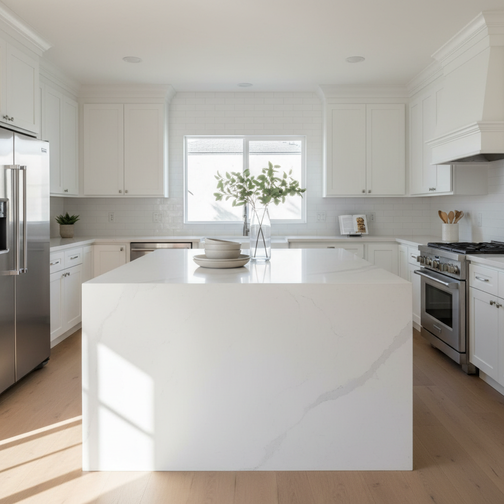 A bright, inviting Los Angeles County kitchen staged for sale, photographed in realistic detail. The main subject is a large quartz island with a waterfall edge, smooth and cool with faint gray veining, set against white shaker cabinets and stainless steel appliances. A subtle, carefully arranged display of neutral ceramic bowls and a simple glass vase with greenery sits on the island, suggesting everyday livability without clutter. Morning light filters through a wide window above the sink, casting soft highlights on the glossy subway tile backsplash and creating gentle, elongated shadows on the light oak flooring. Shot at eye level with a wide-angle composition, the entire room appears spacious and functional. The mood is clean, modern, and welcoming, ideal for homeowners envisioning their property on the market.