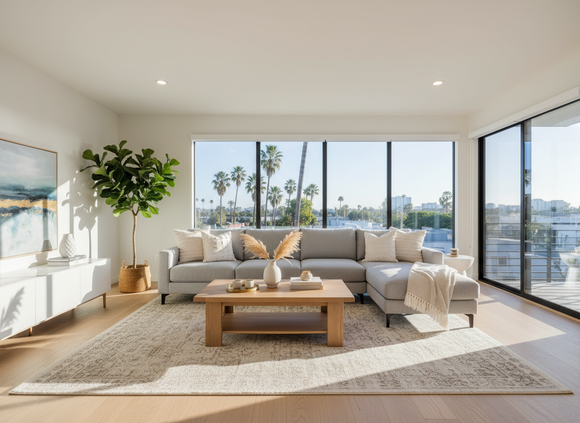 A bright, meticulously staged living room in a contemporary Los Angeles County home, photographed in crisp photographic realism. The main focus is a spacious open-concept seating area with a light gray sectional sofa, textured ivory throw pillows, and a natural oak coffee table with a smooth matte finish. Floor-to-ceiling windows reveal a hint of palm trees and city rooftops outside. Soft afternoon sunlight floods the room, creating gentle shadows on the wide-plank hardwood floors. The composition is shot at eye level with a wide-angle lens, capturing the full breadth of the space with sharp focus throughout. The mood is professional yet warmly inviting, emphasizing a move-in-ready home ideal for serious buyers and sellers.