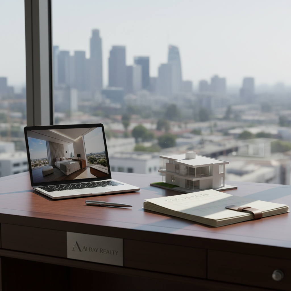 A professional real estate workspace representing Alday Realty, rendered in clean, photographic detail without any people. A sleek dark-wood desk sits near a large window overlooking a blurred Los Angeles skyline, with a recognizable but unbranded downtown cluster in the distance. On the desk rests an open laptop displaying a stylized property photo, a stack of neatly arranged contract folders, a polished metal pen, and a small architectural model of a modern house with sharp angles and glassy textures. Soft, diffused daylight streams in, creating subtle reflections on the desktop and delicate shadows around each object. Shot from a slightly elevated angle with shallow depth of field, the focus is on the model home and documents, conveying professionalism, organization, and trustworthiness in the selling process.