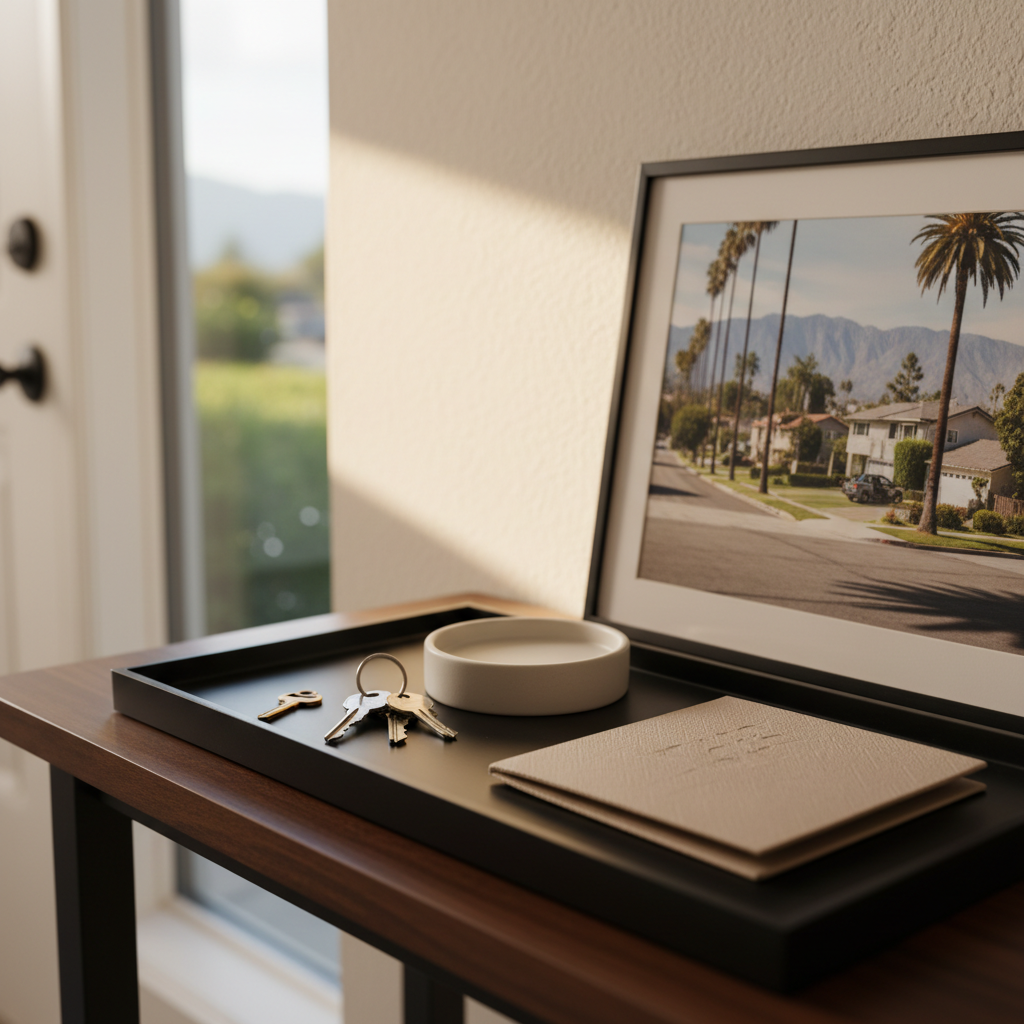 A photographic, professional close-up of a refined Alday Realty “seller success” vignette on a console table near a bright entryway, with no text or people. A polished black tray holds a simple metal key ring with several classic house keys, a minimalist ceramic dish, and a small unbranded folder with a subtle embossed texture suggesting important documents. Behind them, a blurred framed image of a Los Angeles neighborhood street with palm-lined sidewalks and tidy homes hints at the local market. Soft, late-afternoon light from a nearby side window creates delicate highlights on the metal keys and a gentle gradient of light across the wall. Captured from a slightly low, close angle with shallow depth of field, the scene feels intimate, successful, and reassuring for sellers.