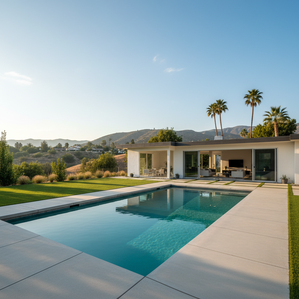A cinematic, wide photographic view of a backyard oasis in Los Angeles County, designed to appeal to home sellers. The property features a rectangular turquoise pool with crisp, clean water, surrounded by smooth light-gray concrete pavers and a narrow strip of lush, deep-green artificial turf. A modern one-story home with large sliding glass doors opens seamlessly to the yard, creating a sense of indoor-outdoor living. In the distance, low hills and a few tall palms rise against a clear, soft-blue sky. Warm, late-afternoon sunlight casts long, elegant shadows and adds gentle highlights to the water’s surface. Shot from a slightly elevated angle, the composition captures the entire yard in sharp focus, evoking relaxation, privacy, and strong resale value.